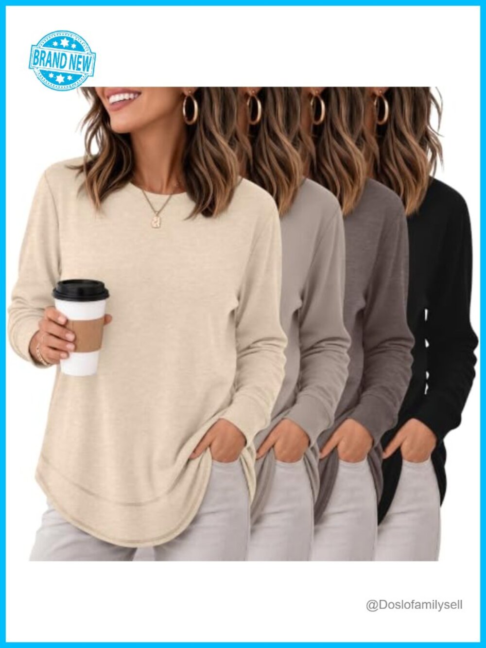 Womens Long Sleeve Crewneck Sweatshirts 4 Pack Cotton Spandex Pullover Tops